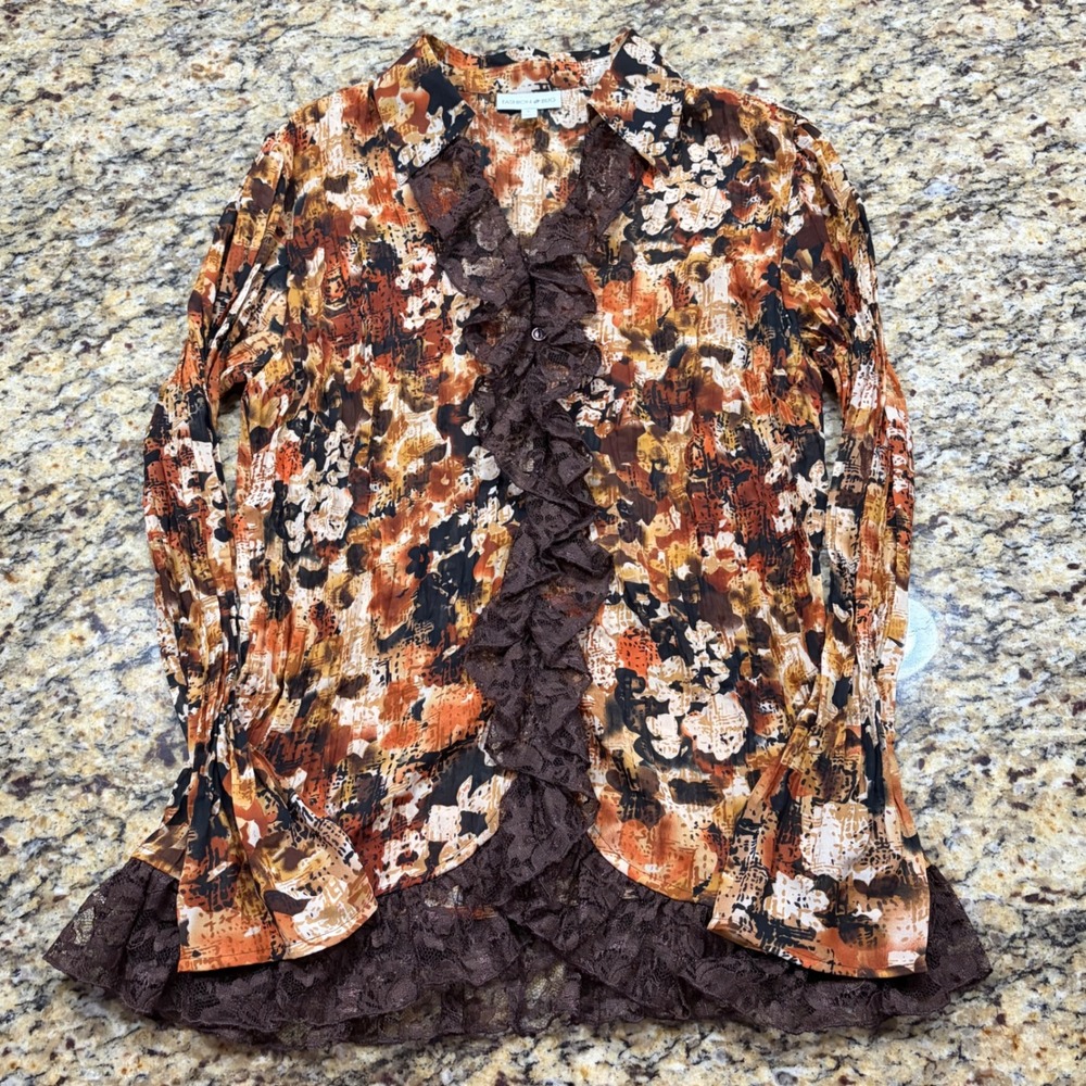 Fashion Bug Women L Brown Orange Abstract Lace Trim Ruffle Button Down Blouse v
